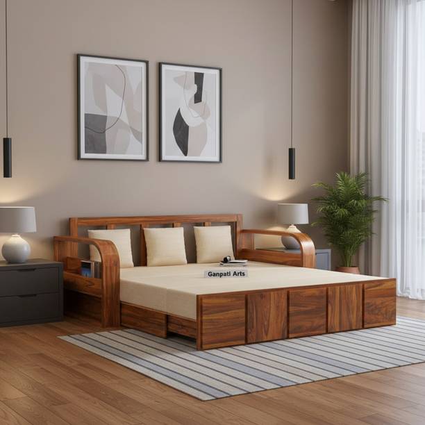 Ganpati Arts Scott Solid Sheesham Wood with Side Pocket Mini Storage 3 Seater Double Solid Wood Pull Out Sofa Cum Bed