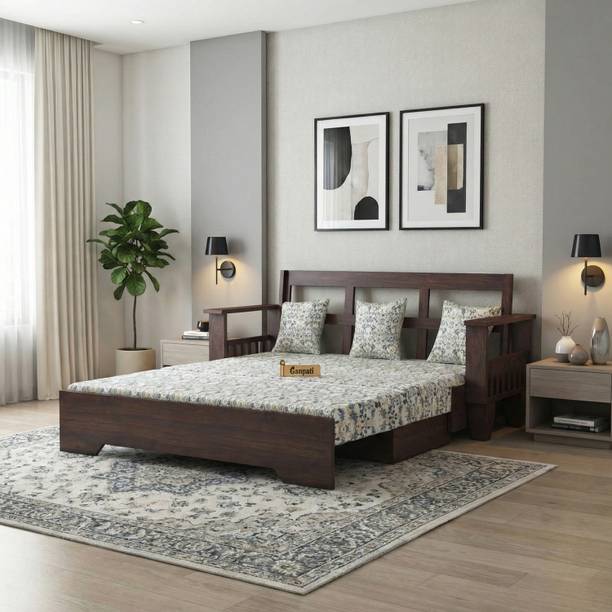 Ganpati Arts Maharaja Sheesham Wood Sofa Bed For Home with Side Pockets | 3 Seater Double Solid Wood Pull Out Sofa Cum Bed