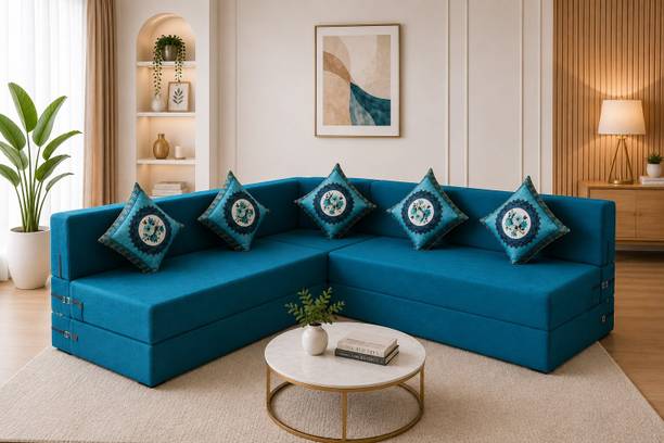Little Smile L-Shaped 78x60x16 inch- Jute Fabric 4 -multicolor 4 Seater Double Foam Fold Out Sofa Cum Bed