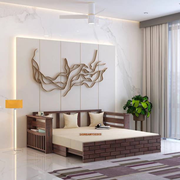 Dreamydesks Imperio Solid Wood Sofa Cum Bed with Side Storage for Living Room/3Year Warranty 3 Seater Double Solid Wood Pull Out Sofa Cum Bed