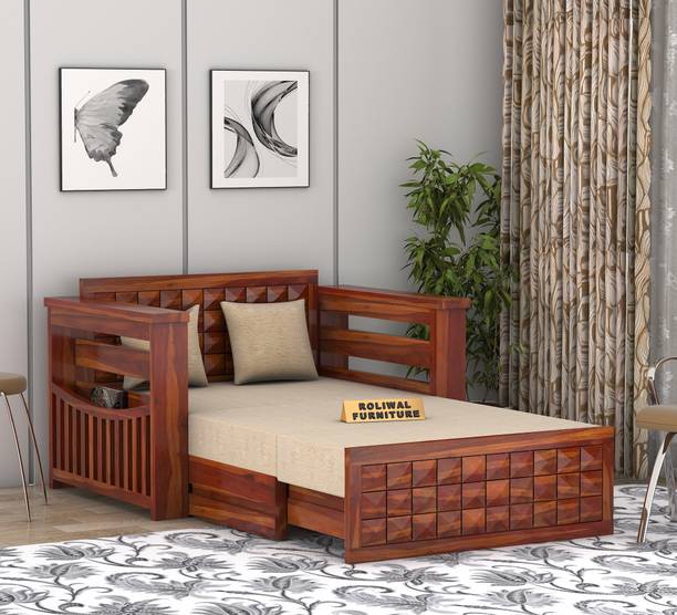 Roliwal Sheesham Wooden 2 Seater Sofa Cums Bed with Mattresses for Home Living Room 2 Seater Single Solid Wood Pull Out Sofa Cum Bed