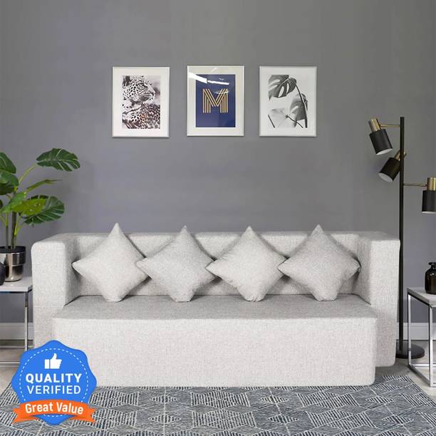Seventh Heaven 78x36x14 inch Jute Fabric with 4 Cushions 4 Seater Single Foam Fold Out Sofa Cum Bed