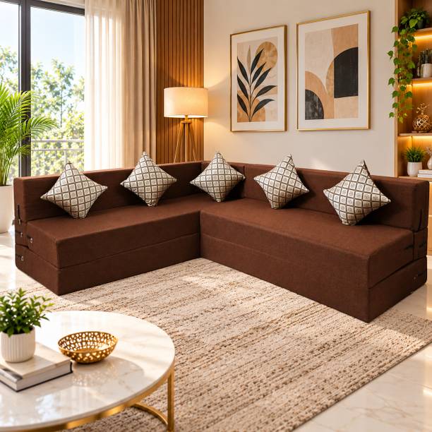Little Smile L-Shaped 78x60x16 inch- Jute Fabric 4 -brown 4 Seater Double Foam Fold Out Sofa Cum Bed