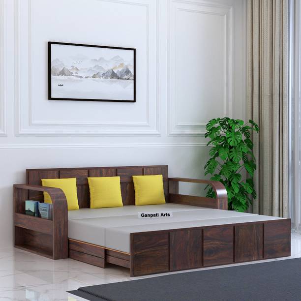 Ganpati Arts Scott Solid Sheesham Wood 3 Seater Sofa Cum Bed with Side Pocket Mini Storage 3 Seater Double Solid Wood Pull Out Sofa Cum Bed