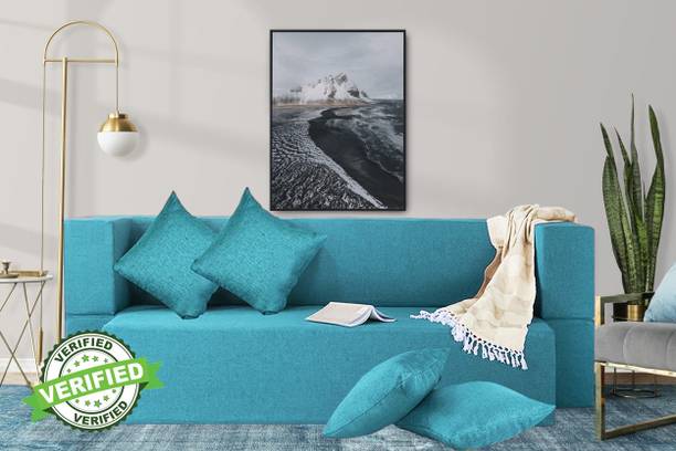 Little Smile Jute Fabric 78x36x14 Inches with 4 Cushion Cover 4 Seater Double Foam Fold Out Sofa Cum Bed