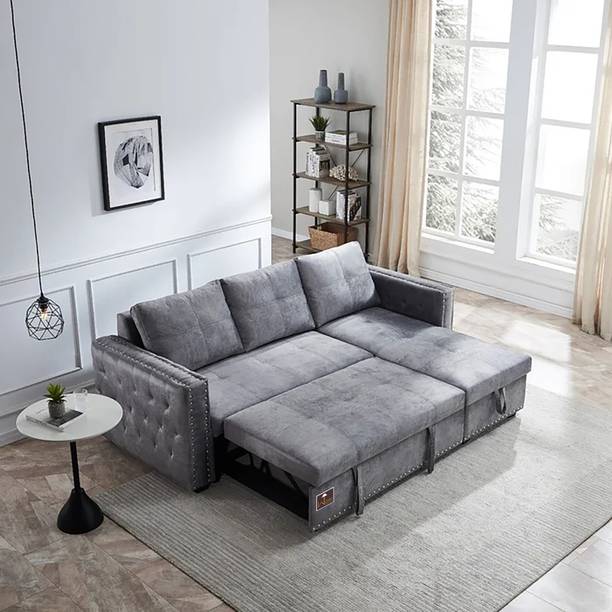WoodenTwist Modern Style Right-Side L-Shape with Comfort Cushion 5 Seater Double Solid Wood Pull Out Sofa Cum Bed