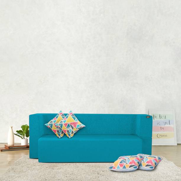 Fresh Up Sofa cum Bed 78x44x14 inches-Jute Fabric with 4 Cushions-Blue 4 Seater Double Foam Fold Out Sofa Cum Bed