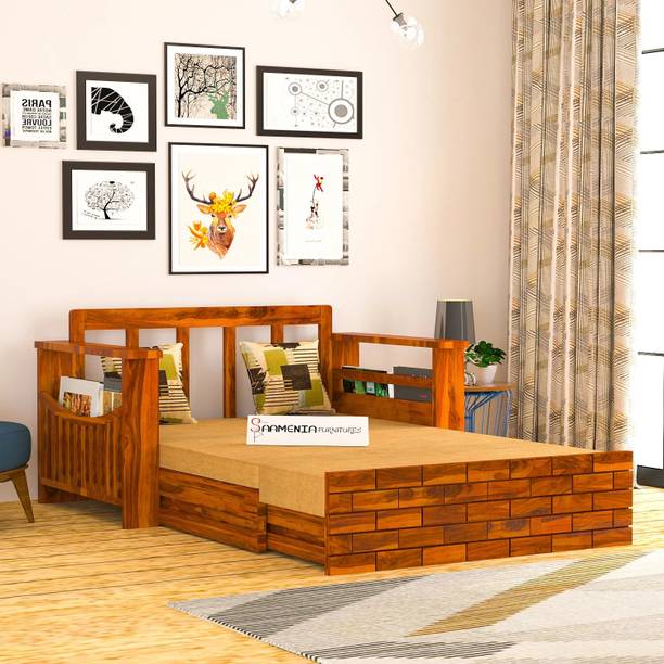 saamenia furnitures Solid Sheesham Wood Sofa Cum Bed Without Cushion For Living Room / Office. 2 Seater Double Solid Wood Pull Out Sofa Cum Bed