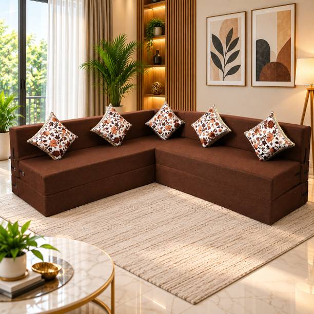 Little Smile L-Shaped 90x72x16 inch- Jute Fabric 5 -Brown 5 Seater Double Foam Fold Out Sofa Cum Bed