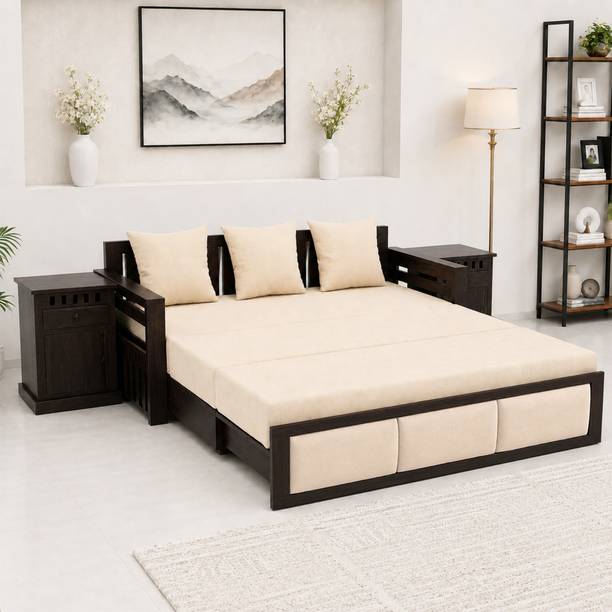 SONA ART & CRAFTS Zeus Sheesham Wood 3 Seater Sofa Cum Bed with Bedside 3 Seater Double Solid Wood Pull Out Sofa Cum Bed