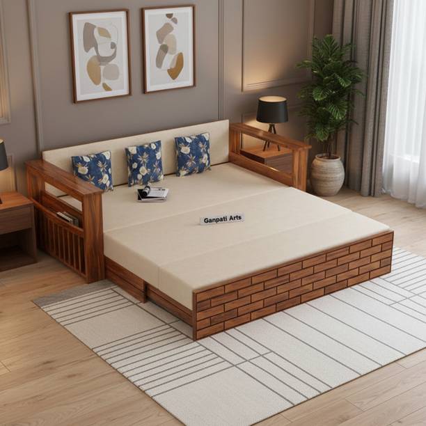 Ganpati Arts Sheesham Wood Italian 3 Seater Sofa Cum Bed with Headboard and Mini Storage 3 Seater Double Solid Wood Pull Out Sofa Cum Bed