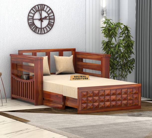 Roliwal Sheesham Wooden 2 Seater Sofa Cums Bed with Mattresses for Home Living Room 2 Seater Single Solid Wood Pull Out Sofa Cum Bed