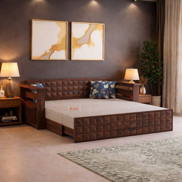 Ganpati Arts Oslo Sheesham with Headboard & Mini Storage for Home/Hotel 3 Seater Double Solid Wood Pull Out Sofa Cum Bed
