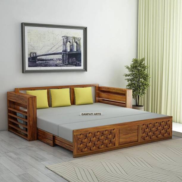 Ganpati Arts Sheesham Wood Raj with Headboard & Mini Storage for Home 3 Seater Double Solid Wood Pull Out Sofa Cum Bed