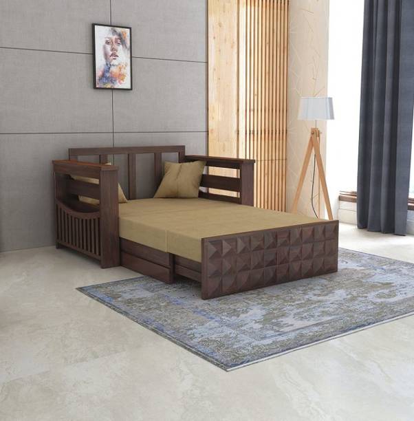 Bhagwati Arts Sheesham Wood 2 Seater Sofa Cum Bed With Storage & Side Pocket For Living Room | 2 Seater Double Solid Wood Pull Out Sofa Cum Bed