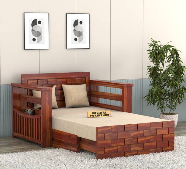 Roliwal Sheesham Wooden 2 Seater Sofa Cums Bed with Mattresses for Home Living Room 2 Seater Single Solid Wood Pull Out Sofa Cum Bed
