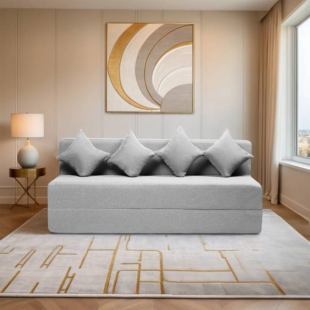 Comfort Mantra 4 Seater 6*6 Jute Fabric Washable Cover Sofa cum Bed with 4 Cushions 4 Seater Double Foam Fold Out Sofa Cum Bed