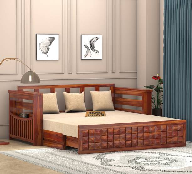 Roliwal Sheesham Wooden 3 Seater Sofa Cums Bed with Mattresses for Home Living Room 3 Seater Double Solid Wood Pull Out Sofa Cum Bed