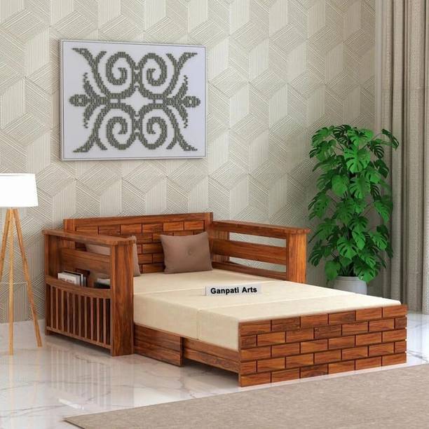 Ganpati Arts Sheesham Wood Italian 2 Seater Sofa Cum Bed with Headboard and Mini Storage 2 Seater Single Solid Wood Pull Out Sofa Cum Bed