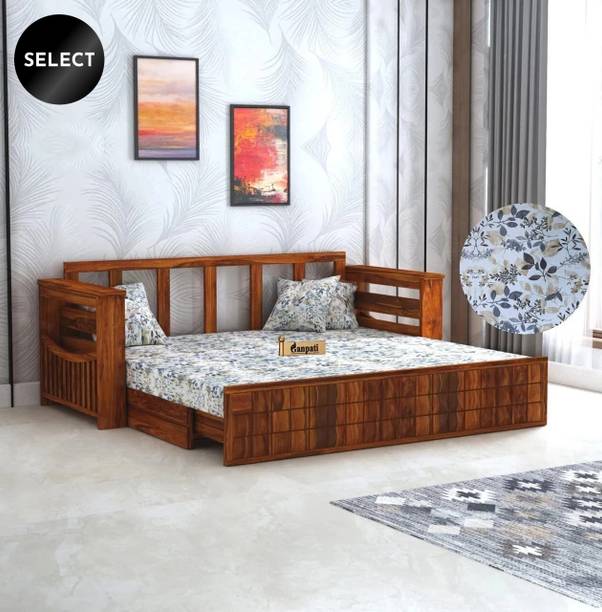 Ganpati Arts Sheesham Wood Diamond with Floral Fabric & Side Pocket 3 Seater Double Solid Wood Pull Out Sofa Cum Bed