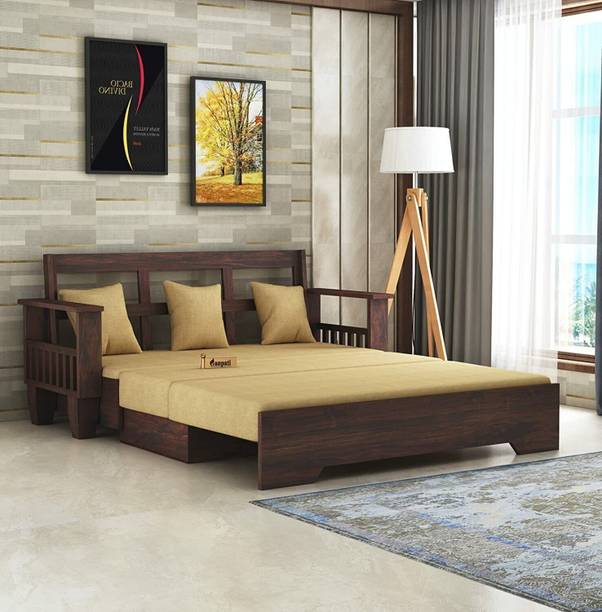 Ganpati Arts Maharaja Sheesham Wood Sofa Bed For Home with Side Pockets | 3 Seater Double Solid Wood Pull Out Sofa Cum Bed