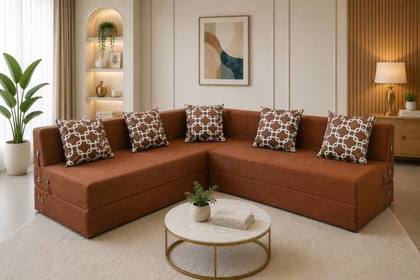 Little Smile L-Shaped 78x60x16 inch- Jute Fabric 4-brown 4 Seater Double Foam Fold Out Sofa Cum Bed