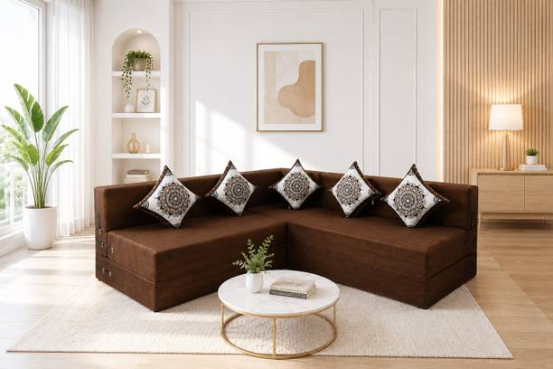 Little Smile L-Shaped 90x72x16 inch- Jute Fabric 5 -brown 5 Seater Double Foam Fold Out Sofa Cum Bed