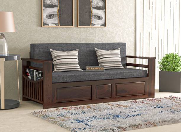 Taskwood Furniture Solid Sheesham Wood For Living Room / Hotel . 3 Seater Single Solid Wood Fold Out Sofa Cum Bed