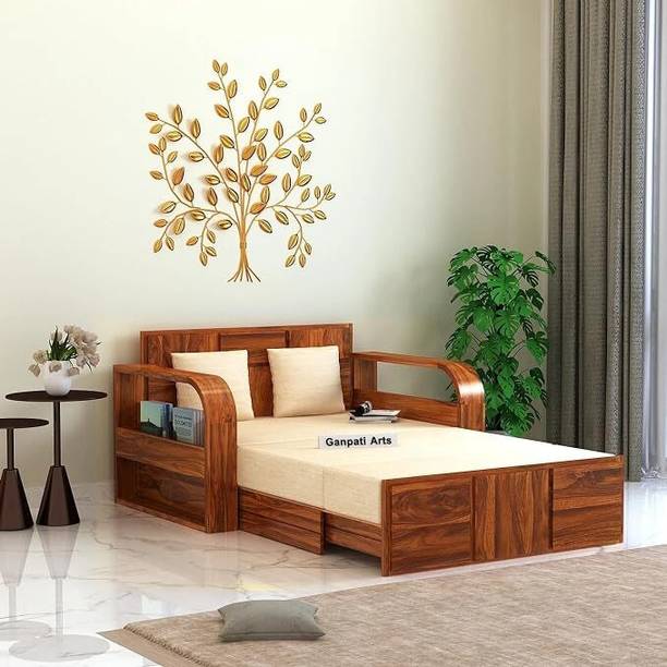 Ganpati Arts Solid Sheesham Wood Scott with Headboard and Mini Storage 2 Seater Single Solid Wood Pull Out Sofa Cum Bed