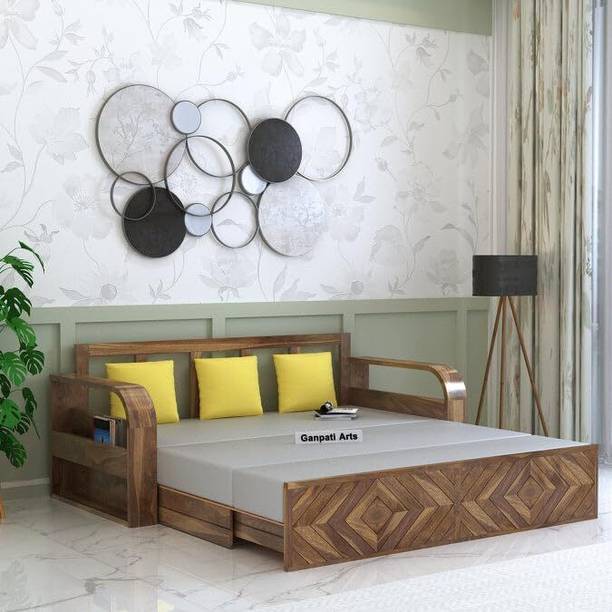 Ganpati Arts Wave Sheesham Wood 3 Seater Sofa Cum Bed with Side Pockets Storage For Home 3 Seater Double Solid Wood Pull Out Sofa Cum Bed