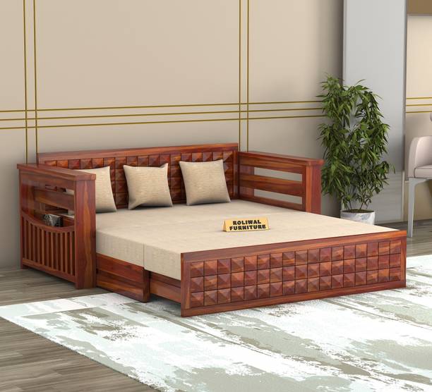 Roliwal Sheesham Wooden 3 Seater Sofa Cums Bed with Mattresses for Home Living Room 3 Seater Double Solid Wood Pull Out Sofa Cum Bed