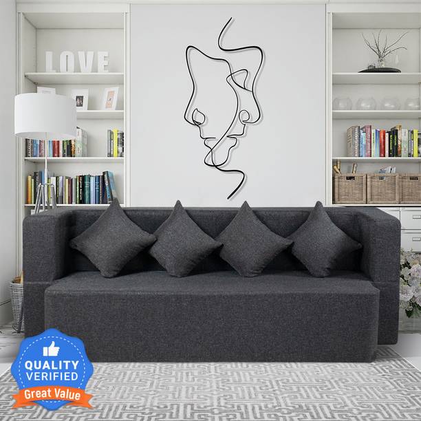 Seventh Heaven 4 Seater Sofa cum Bed 78x44x14 inch Jute Fabric with 4 Cushions 4 Seater Double Foam Fold Out Sofa Cum Bed