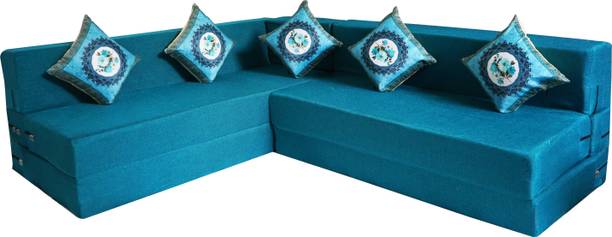 Little Smile L-Shaped 90x72x16 inch- Jute Fabric 5 -sblu 5 Seater Double Foam Fold Out Sofa Cum Bed