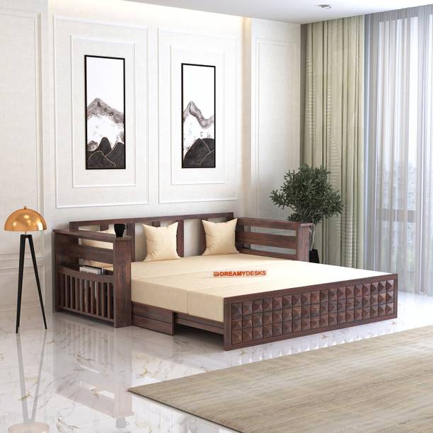 Dreamydesks Solid Sheesham Wood Diamond sofa bed for living room With Side Storage &Cushions 3 Seater Double Solid Wood Pull Out Sofa Cum Bed