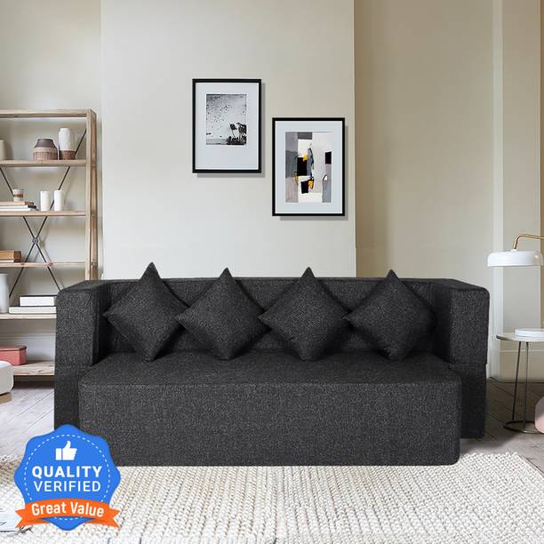 Seventh Heaven 78x36x14 inch Jute Fabric with 4 Cushions 4 Seater Single Foam Fold Out Sofa Cum Bed