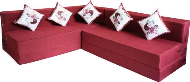 Little Smile L-Shaped 78x60x16 inch- Jute Fabric 4 4 Seater Double Foam Fold Out Sofa Cum Bed