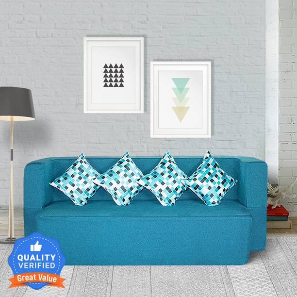 Seventh Heaven 4 Seater Sofa cum Bed 78x44x14 inch Jute Fabric with 4 Cushions 4 Seater Double Foam Pull Out Sofa Cum Bed
