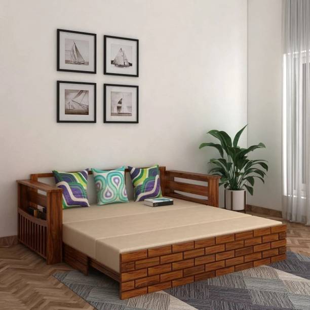 Bhagwati Arts Sheesham Wood 3 Seater Sofa Cum Bed With Storage & Side Pocket For Living Room | 3 Seater Double Solid Wood Pull Out Sofa Cum Bed
