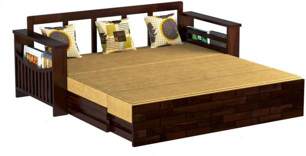 DIVESHIKA ART Sheesham Wood Three Seater Bricke Style Sofa Cum Bed With Side Pocket Storage | 3 Seater Double Solid Wood Pull Out Sofa Sectional Bed
