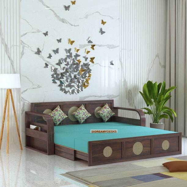 Dreamydesks Regal Solid Wood Sofa Cum Bed with Side Storage for Living Room/3Year Warranty 3 Seater Double Solid Wood Pull Out Sofa Cum Bed