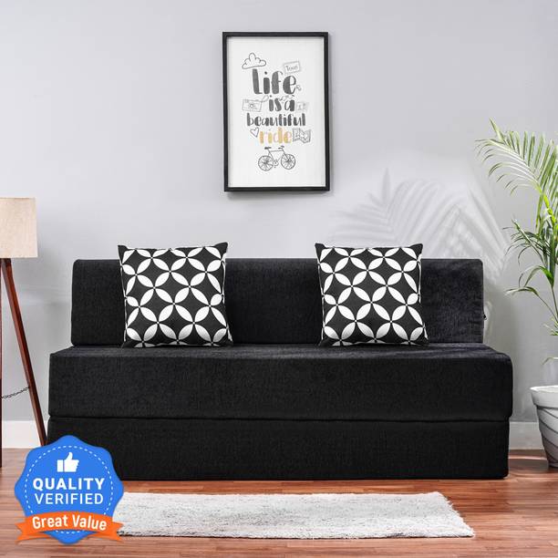 Solis Primus-comfort for all 5X6 size Sofa cum Bed for 3 Person- 3 Seater Moshi Fabric Washable Cover with 2 Cushions(Multi Star Pattern) - Black 3 Seater Double Foam Fold Out Sofa Cum Bed