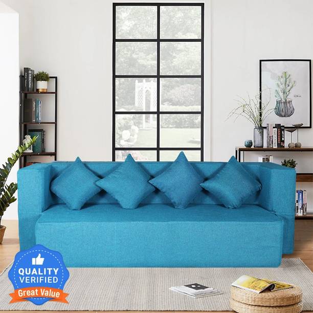 Seventh Heaven 78x36x14 inch Jute Fabric with 4 Cushions 4 Seater Single Foam Fold Out Sofa Cum Bed