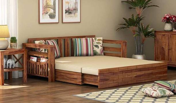 VIVENTO Sheesham Wood Three Seater Sofa Cum Bed With Side Pocket Storage For Bedroom || 3 Seater Double Solid Wood Pull Out Sofa Sectional Bed