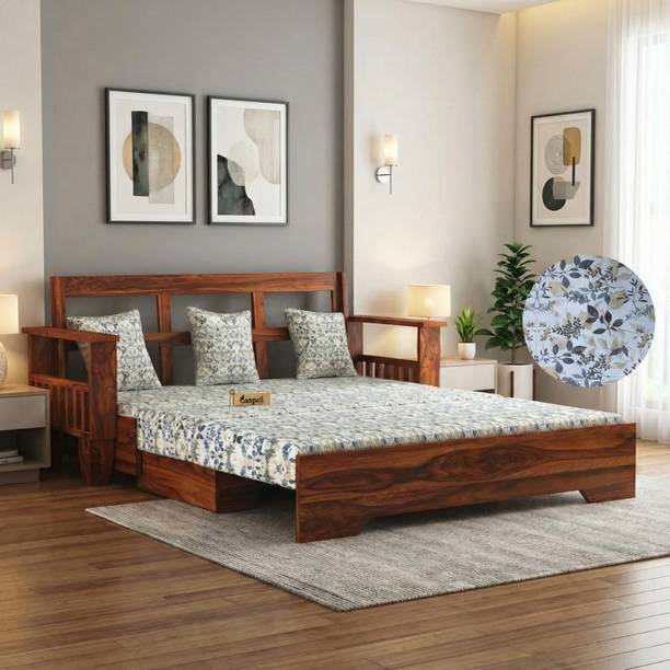 Ganpati Arts Maharaja Sheesham Wood Sofa Bed For Home with Side Pockets | 3 Seater Double Solid Wood Pull Out Sofa Cum Bed