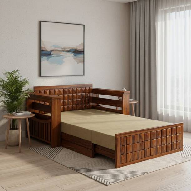 BhagwatiArt Sheesham Wood 2 Seater Sofa Cum Bed With Storage & Side Pocket For Living Room | 2 Seater Double Solid Wood Pull Out Sofa Cum Bed