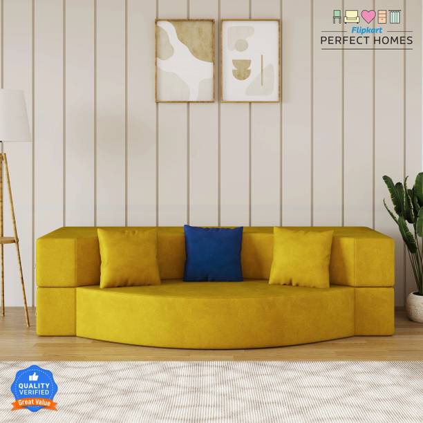 Flipkart Perfect Homes Chessis Fabric Sofa Cum Bed 3 Cushions (4*6) 3 Seater Double Foam Pull Out Sofa Cum Bed Finish Color - Mustard Yellow Delivery 