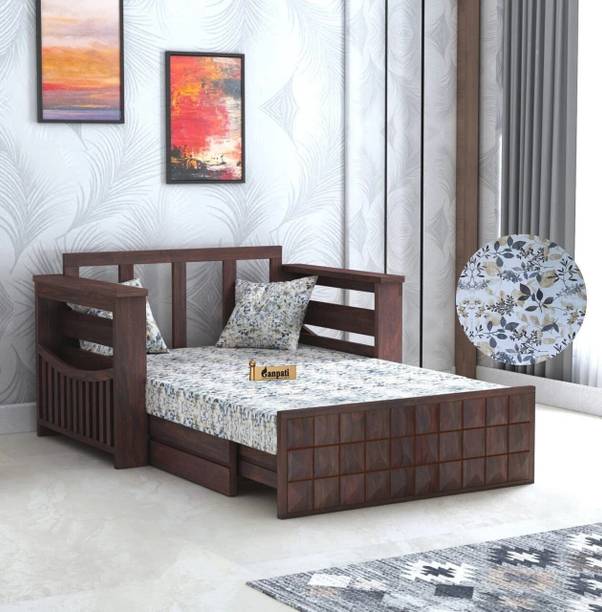 Ganpati Arts Sheesham Wood Diamond 2 Seater Sofa Cum Bed with Floral Fabric & Side Pocket 2 Seater Double Solid Wood Pull Out Sofa Cum Bed