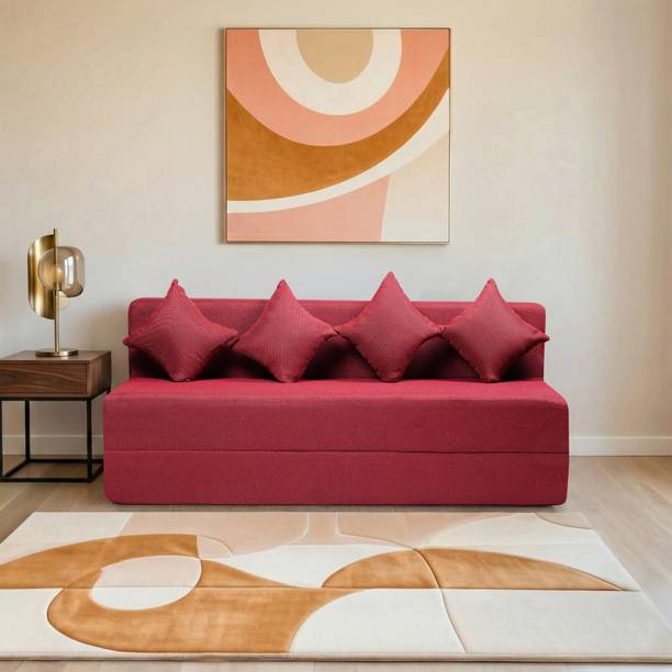 Comfort Mantra 4 Seater 6*6 Jute Fabric Washable Cover Sofa cum Bed with 4 Cushions 4 Seater Double Foam Fold Out Sofa Cum Bed