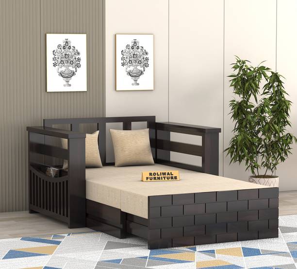 Roliwal Sheesham Wooden 2 Seater Sofa Cums Bed with Mattresses for Home Living Room 2 Seater Single Solid Wood Pull Out Sofa Cum Bed