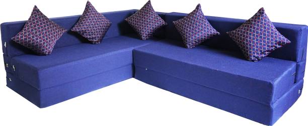 Little Smile L-Shaped 78x60x16 inch- Jute Fabric 4 -blue 4 Seater Double Foam Fold Out Sofa Cum Bed